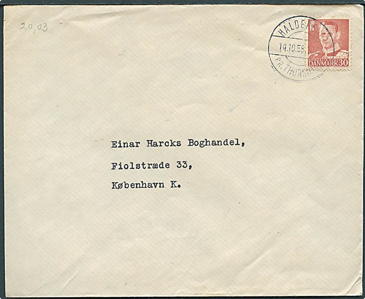 30 øre Fr. IX på brev annulleret med pr.-stempel Haldersvig pr. Thorshavn d. 14.10.1958 til København.