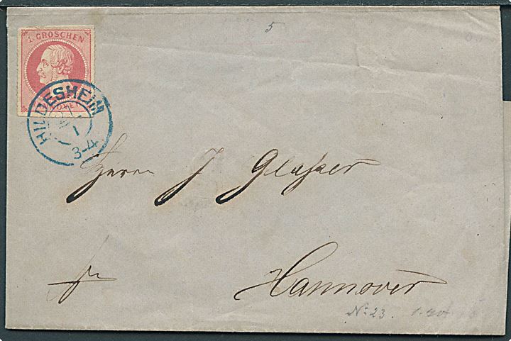 Hannover. 1 gr. George V stukket kant på brev fra Hildesheim d. 27.1.18xx til Hannover.