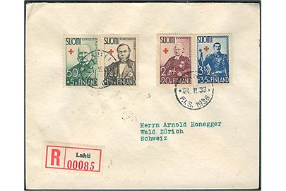 Komplet sæt Røde Kors 1938 udg. på anbefalet brev annulleret med særstempel fra Skikonkurrence Lathi F.I.S. 1938 d. 24.2.1938 til Wald, Schweiz.