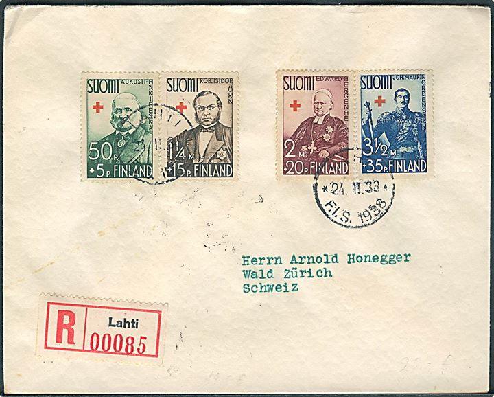 Komplet sæt Røde Kors 1938 udg. på anbefalet brev annulleret med særstempel fra Skikonkurrence Lathi F.I.S. 1938 d. 24.2.1938 til Wald, Schweiz.