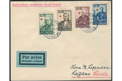 Komplet sæt Røde Kors 1938 udg. på luftpostbrev fra Helsinki d. 17.10.1938 til Lugano, Schweiz.