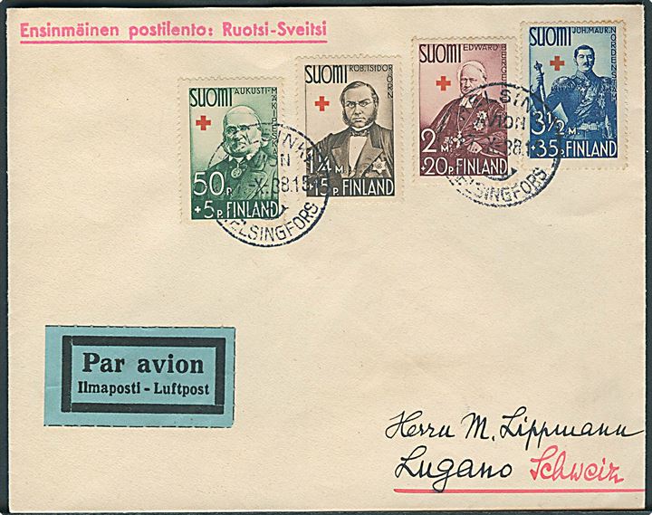 Komplet sæt Røde Kors 1938 udg. på luftpostbrev fra Helsinki d. 17.10.1938 til Lugano, Schweiz.