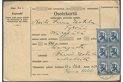 50/20 pen. Provisorium i 6-blok på adressekort for pakke fra Mellilä 1920 til Kärppälä.