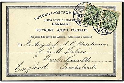 5 øre grøn våbentype på postkort fra København d. 29.7.1905 til S/S C.M. Dalgas i England.