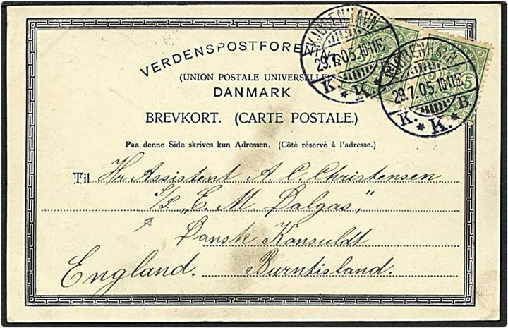 5 øre grøn våbentype på postkort fra København d. 29.7.1905 til S/S C.M. Dalgas i England.