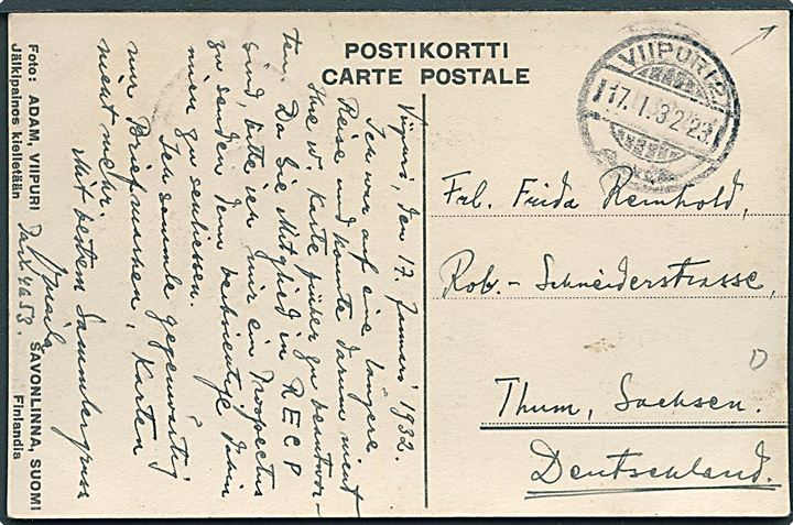 2 mk. Præsident Svinhufvud 70 år på billedside af brevkort fra Viipuri d. 17.1.1932 til Thum, Tyskland.