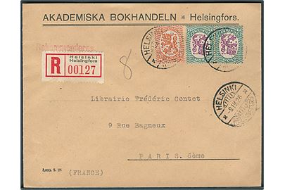 1 mk. og 1½ mk. (par) Løve på anbefalet brev fra Helsinki d. 9.4.1926 til Paris, Frankrig.