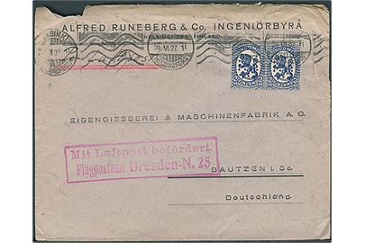 2 mk. Løve i parstykke på luftpostbrev fra Helsinki d. 29.6.1927 til Bautzen, Tyskland. Rødt rammestempel: Mit Luftpost befördert Flugpostamt Dresden-N. 25.