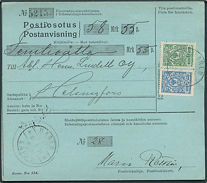 Russisk 2 kop. og finsk 20 pen. Våben udg. på blandingsfrankeret postanvisning fra Harlu d. 8.1.1914 til Helsingfors.