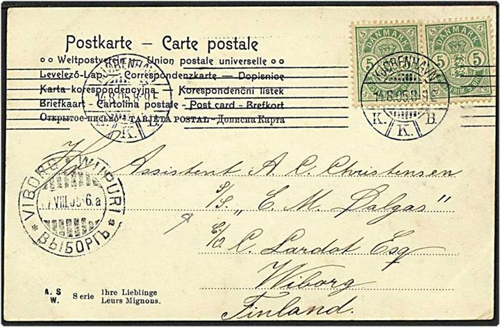 5 øre grøn våbentype på postkort fra København d. 14.8.1905 til S/S C.M. Dalgas i Wiborg, Finland.