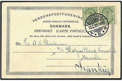 5 øre grøn våbentype på postkort fra København d. 13.2.1905 til S/S C.M. Dalgas i Marseille, Frankrig.