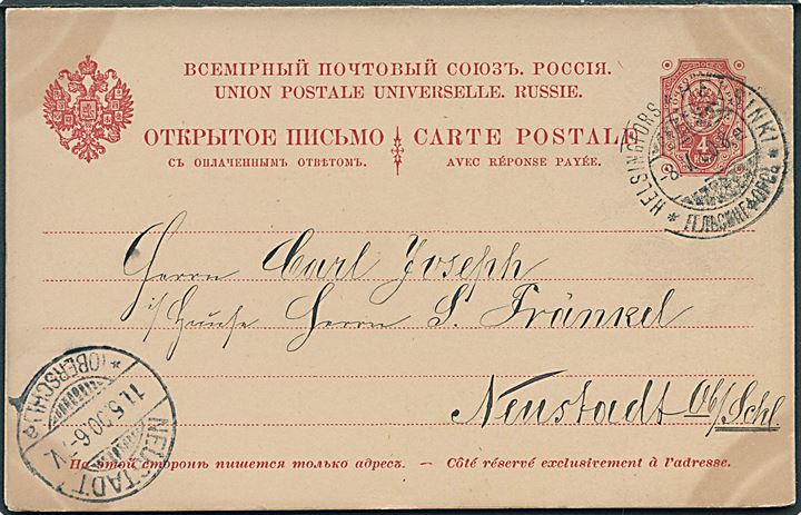 4 kop. Våben med ringe dobbelt helsagsbrevkort fra Helsinki d. 8.5.1900 til Neustadt, Tyskland. Vedhængende ubenyttet svardel.