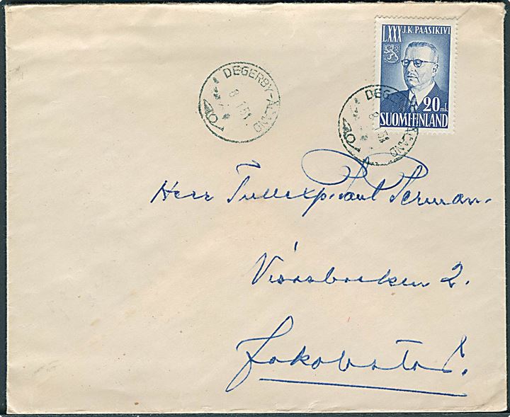 Åland. 20 mk. Paasikivi 80 år på brev stemplet Degerby-Åland d. 8.1.1951 til Jakobstad.