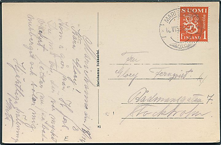 Åland. 1 mk. Løve på brevkort (Ålands hav från Bogskär) stemplet Mariehamn d. 18.8.1931 til Stockholm, Sverige.