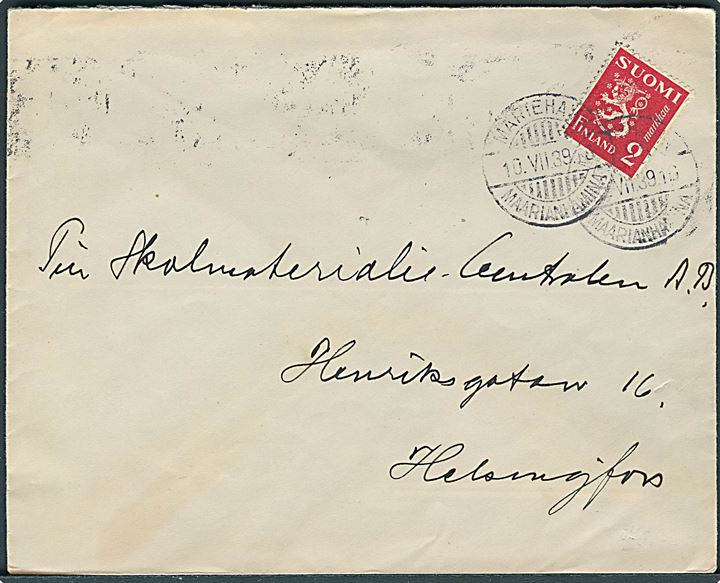 Åland. 2 mk. Løve på brev annulleret med 2-sproget stempel Mariehamn d. 10.7.1939 til Helsingfors. På bagsiden ank.stemplet med Olympiade TMS. 