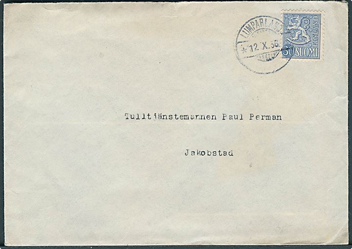 Åland. 30 mk. Løve på brev annulleret med udslebet 2-sproget stempel Lumparland d. 12.10.1956 til Jakobstad.