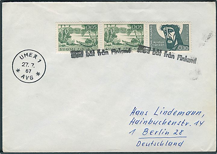 0,40 mk. blandingsfrankeret skibsbrev annulleret med liniestempel Med båt från Finland og sidestemplet Umeå 1 d. 27.7.1967 til Berlin, Tyskland.