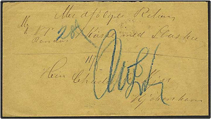 Følgebrev på kasse med flasker sendt med skib fra Randers d. 6.9.1874 til København.