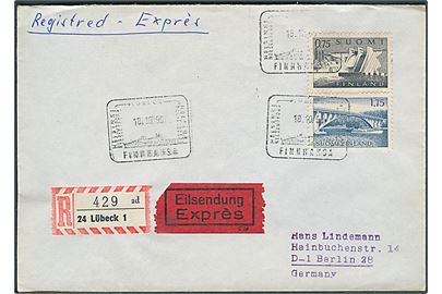 2,50 mk. frankeret anbefalet ekspresbrev annulleret med skibsstempel Helsinki-Lübeck-Helsinki Finnhansa d. 18.10.1969 til Berlin, Tyskland. Påsat rec.-etiket i Lübeck.