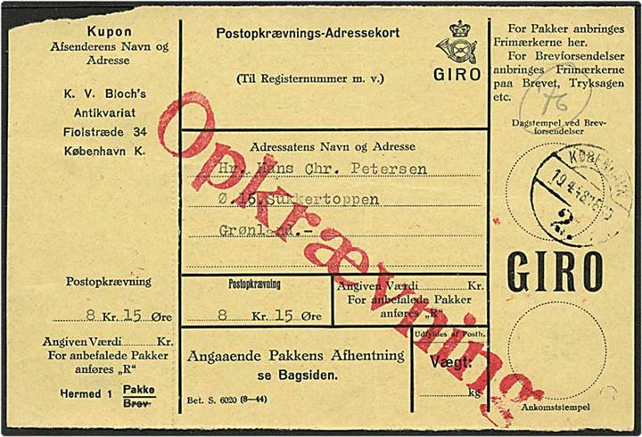 Postopkrævning fra København d. 19.4.1948 til Sukkertoppen.