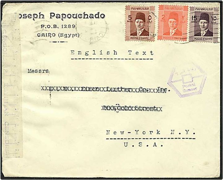 25 mills på brev fra Cairo, Egypten, d. 21.3.1942 til New York, USA. Egyptisk censur.