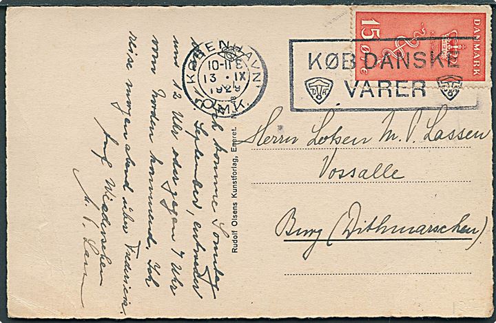15+5 øre Kræftmærke på brevkort fra København d. 13.9.1929 til Burg, Tyskland.