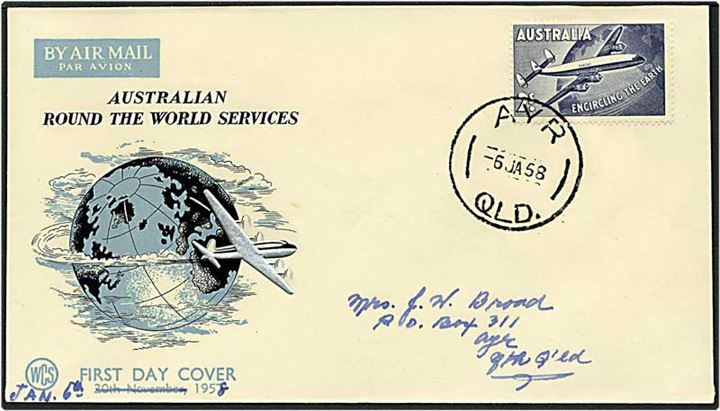 2 shilling blå på luftpost brev fra Ayr, Australien, d. 6.1.1958.