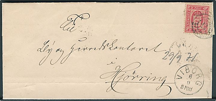 4 sk. Tjenestemærke på brev annulleret med nr.stempel 77 og sidestemplet lapidar Viborg d. 6.9.1871 via Jydske Tverb. P.B. til Hjørring. 