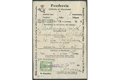 5 øre Gebyrmærke annulleret med liniestempel Fruens Bøge d. 1.11.1938 på Postbevis for afsendelse af postanvisning til København.