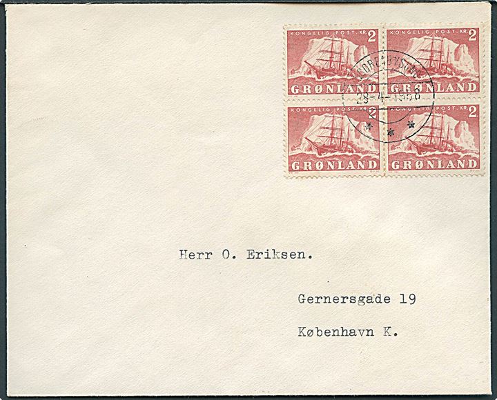 2 kr. Ishavsskib i fireblok på brev fra Scoresbysund d. 28.4.1958 til København.