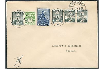 1 øre Chr. X (4), Dansk 7 øre Bølgelinie og 30 øre Thorvaldsen på blandingsfrankeret brev fra Godthaab d. 10.6.1939 til Odense.