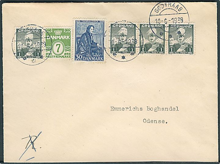 1 øre Chr. X (4), Dansk 7 øre Bølgelinie og 30 øre Thorvaldsen på blandingsfrankeret brev fra Godthaab d. 10.6.1939 til Odense.