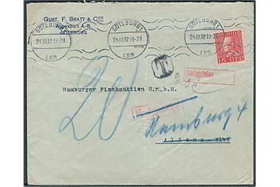 15 öre Gustaf på underfrankeret brev fra Göteborg d. 24.10.1932 til Altona, Tyskland. Udtakseret i 20 pfg. tysk porto.