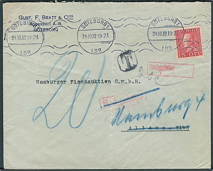 15 öre Gustaf på underfrankeret brev fra Göteborg d. 24.10.1932 til Altona, Tyskland. Udtakseret i 20 pfg. tysk porto.
