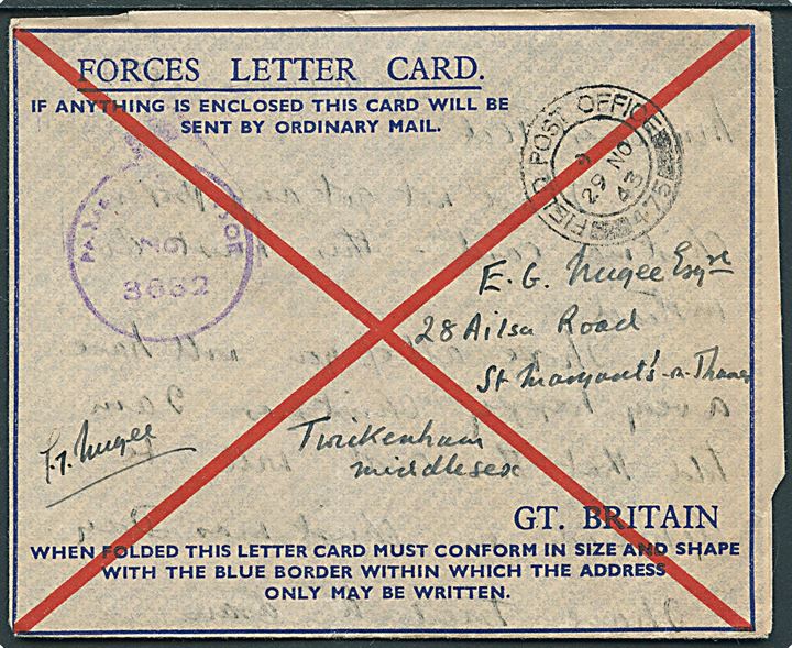 Ufrankeret fortrykt Forces Letter Card stemplet Field Post Office 475 (= Gibraltar) d. 29.11.1943 til England. Violet unit censor 3652.
