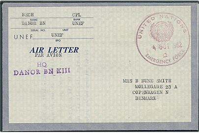 Ufrankeret UNEF Air Letter stemplet United Nations Emergency Force 2 d. 4.10.1962 til København, Danmark. Violet afs.-stempel: HQ / DANOR BN XIII.