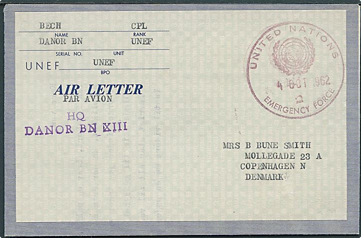 Ufrankeret UNEF Air Letter stemplet United Nations Emergency Force 2 d. 4.10.1962 til København, Danmark. Violet afs.-stempel: HQ / DANOR BN XIII.