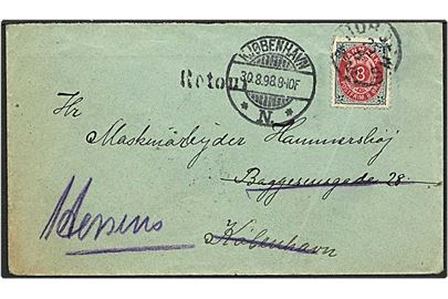 8 øre tofarvet på brev fra Horsens d. 25.8.1898 til k. Brevet er returneret.