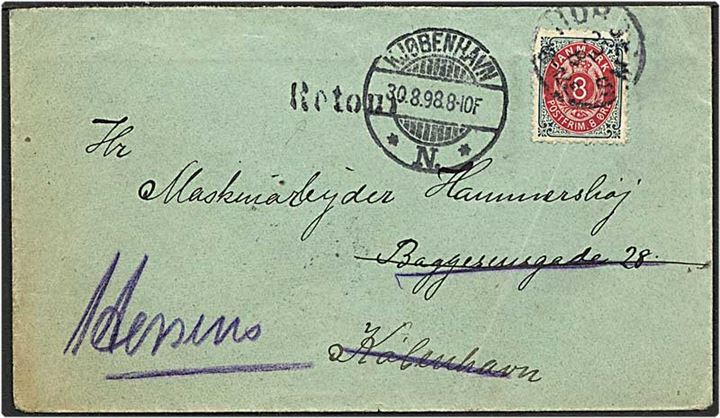 8 øre tofarvet på brev fra Horsens d. 25.8.1898 til k. Brevet er returneret.