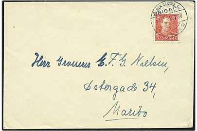 20 øre Chr. X på brev fra Den danske Brigade d. 25.10.1947 til Maribo. Den danske brigade i Tyskland brotypestempel nr. 3
