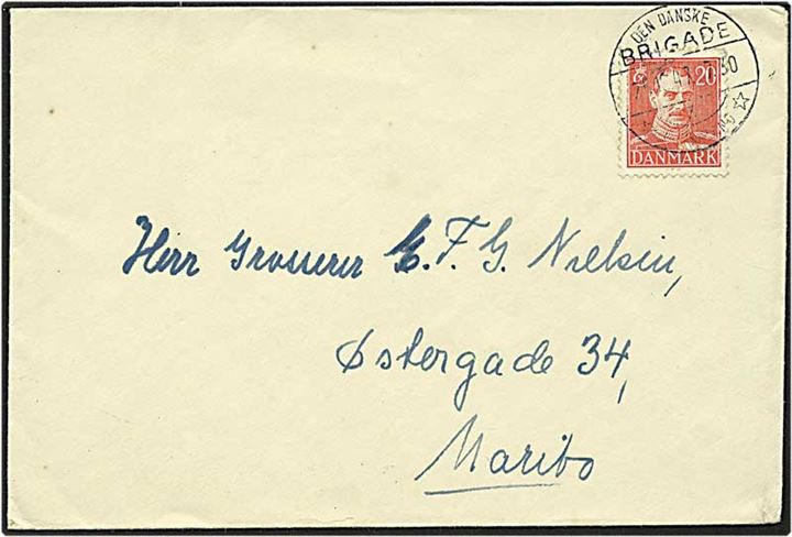 20 øre Chr. X på brev fra Den danske Brigade d. 25.10.1947 til Maribo. Den danske brigade i Tyskland brotypestempel nr. 3