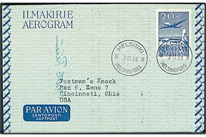 20 mk. helsags aerogram fra Helsinki d. 2.11.1951 til Cincinnati, USA
