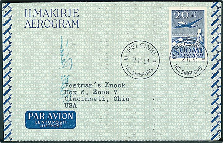 20 mk. helsags aerogram fra Helsinki d. 2.11.1951 til Cincinnati, USA