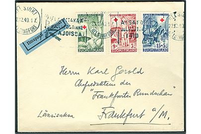 Komplet sæt Røde Kors 1949 udg. på luftpostbrev fra Helsinki d. 22.12.1949 til Frankfurt, Tyskland.