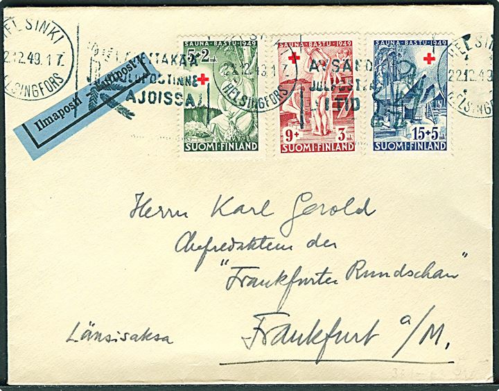 Komplet sæt Røde Kors 1949 udg. på luftpostbrev fra Helsinki d. 22.12.1949 til Frankfurt, Tyskland.