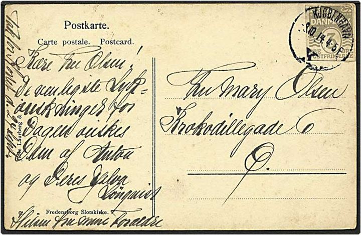 3 øre grå bølgelinie helsagsklip på lokalt sendt postkort fra København d. 3.10.1914.
