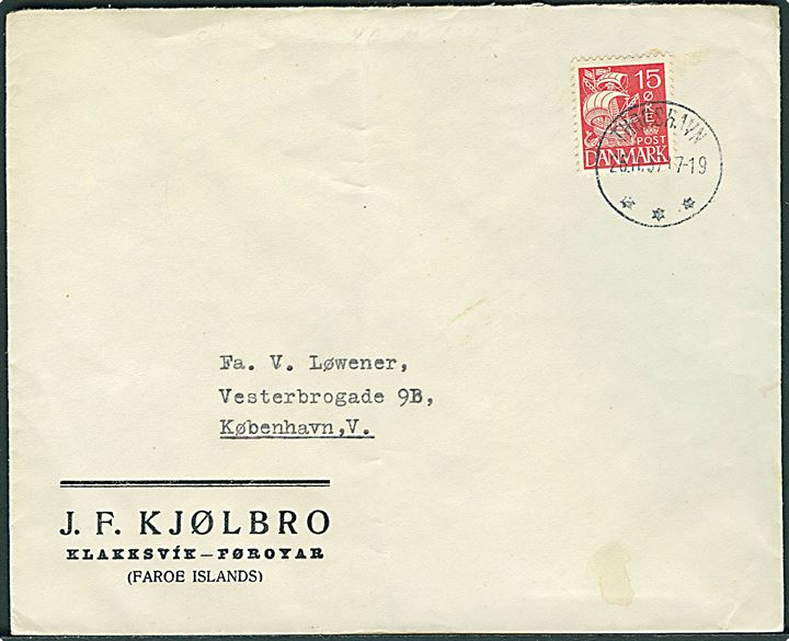 15 øre Karavel på brev annulleret med brotype IIIc Thorshavn d. 26.11.1937 til København.