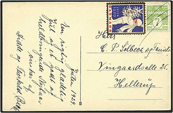 7 øre lysegrøn bølgelinie samt julemærke 1929 på lokalt sendt postkort fra Hellerup 1929.