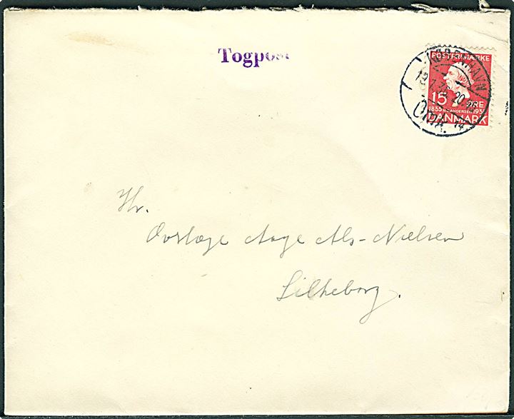 15 øre H. C. Andersen på brev stemplet København Omk. d. 19.1.1936 og sidestemplet Togpost til Silkeborg.
