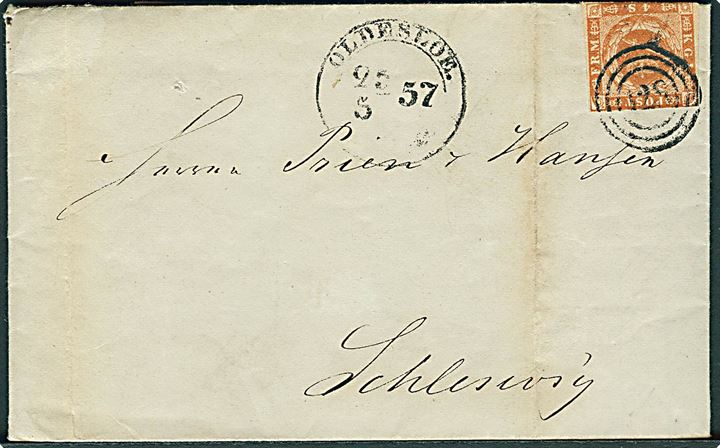 4 sk. 1854 udg. på brev annulleret med nr.stempel 128 og sidestemplet med 1½-ringsstempel Oldesloe d. 25.5.1857 til Schleswig.
